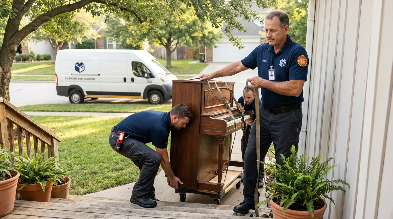 Licensed piano movers securing grand piano in Beulah, MI