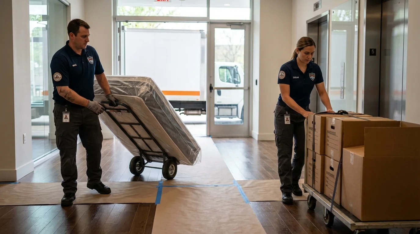 Professional apartment movers loading elevator in Beulah, MI